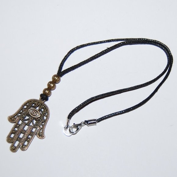 Hamsa Hand Necklace,Bronze Hamsa Hand,Black Cord Necklace,Choker Necklace,Man - Picture 2 of 3